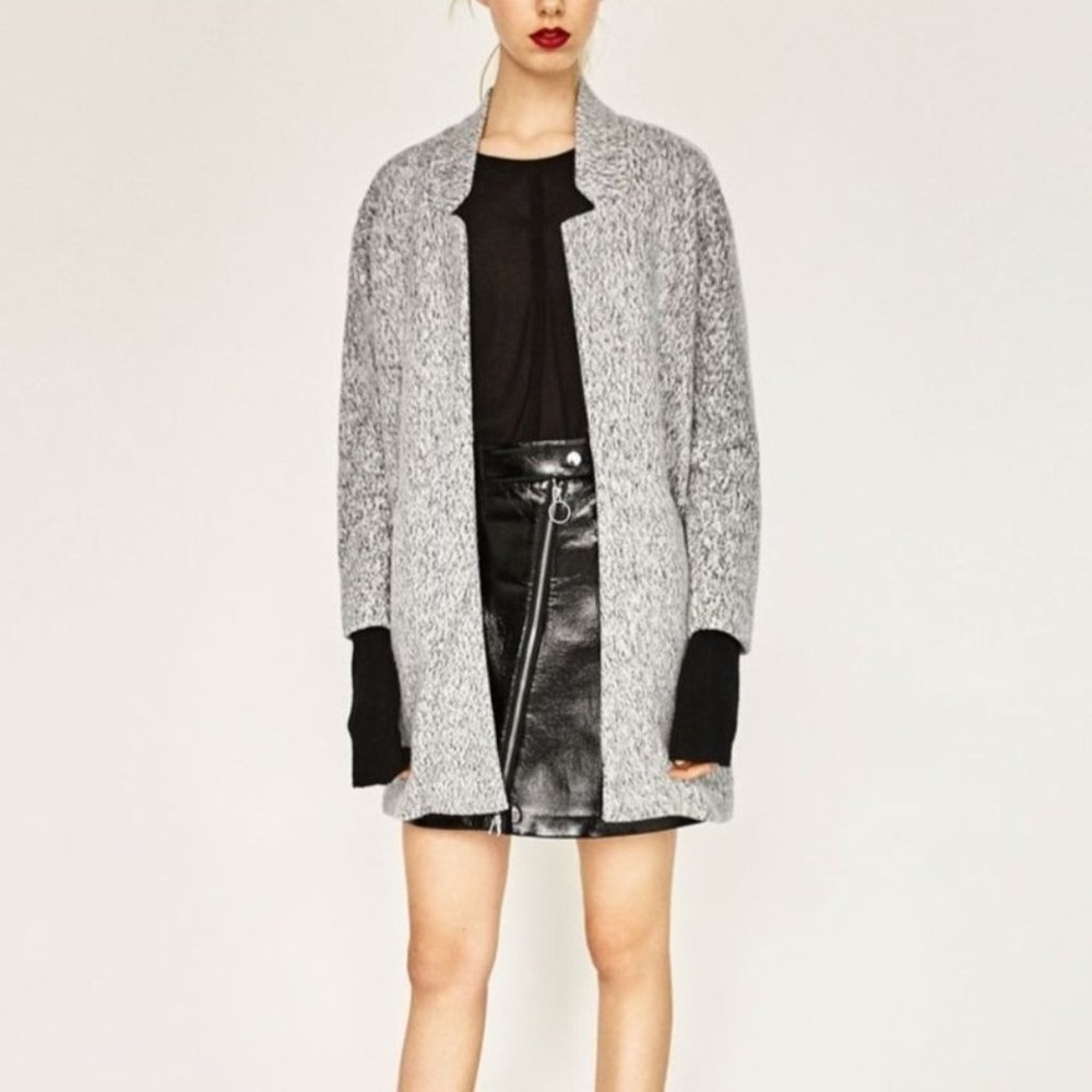 ZARA Trafaluc Textured Fuzzy Midi Grey Marl Sweater Faux Collar Coat Size SMALL